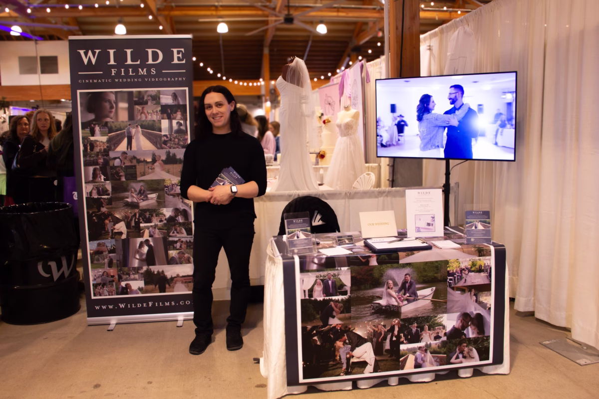 wilde films cinematic wedding videography bridal show puyallup - Exhibiting Information Wilde Films cinematic wedding videography vendor booth display at the Puyallup Wedding Show bridal expo in Puyallup Washington